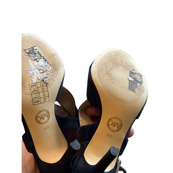 Michael Kors 6M Women's Black Suede Peep-Toe Slingback Heels With Gold Buckle - Picture 11 of 13